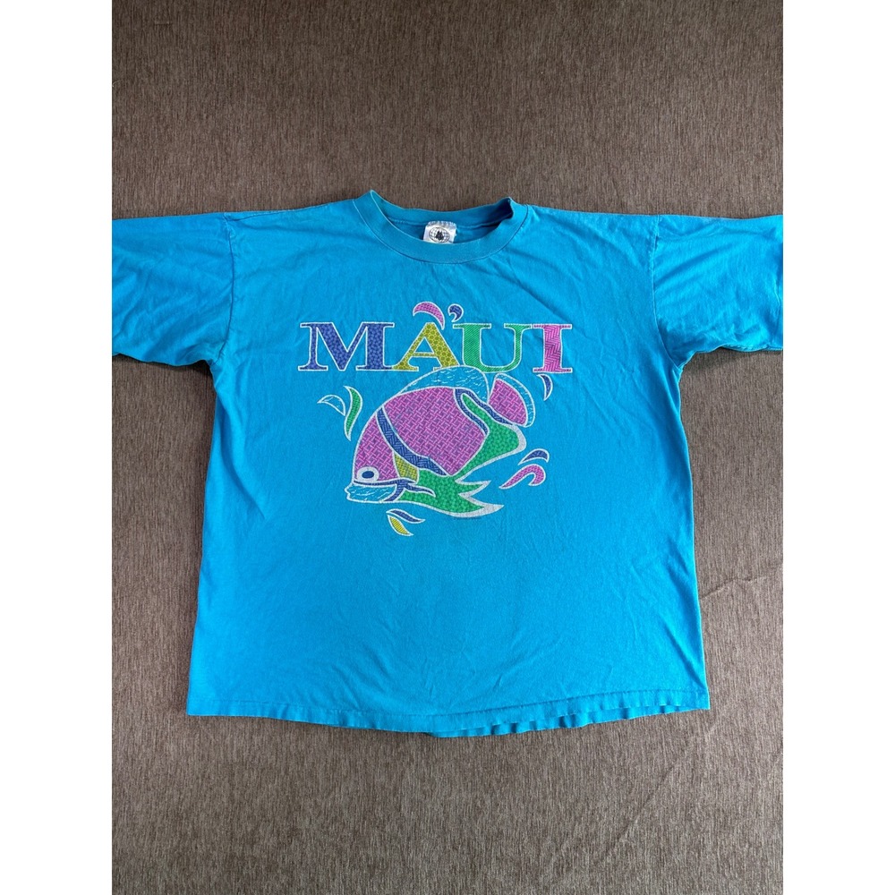 Vintage Maui Tropical Fish Graphic T Shirt Ross International Blue USA Made OSFM